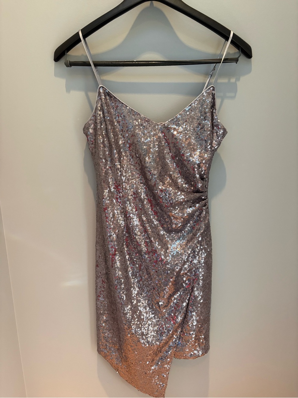 Lulus XS Silver Sequin Asymmetrical Ruched Mini Dress